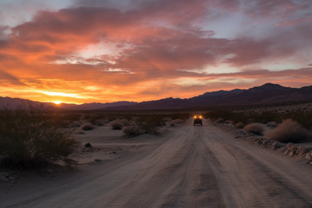 scenic road trip through the desert, with towering sand dunes and dramatic sunsets, created with generative aiの素材