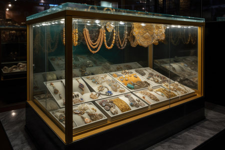 glass case filled with luxurious jewelry, including gold and silver bracelets and necklaces, created with generative aiの素材