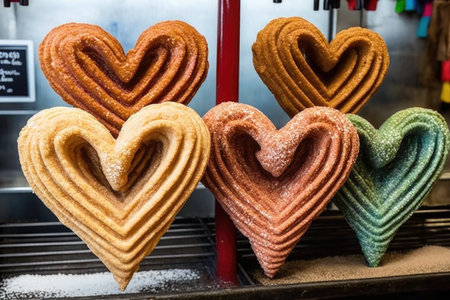 display of heart-shaped churros, each one dusted with different flavor and color, created with generative aiの素材