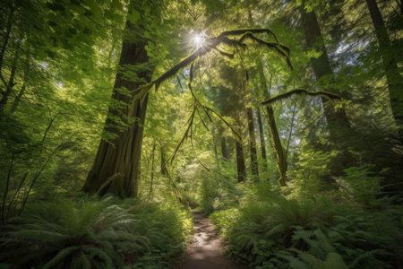 majestic tree canopy, with sunlight filtering through the leaves, among tranquil forest pathways, created with generative aiの素材