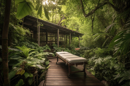 rejuvenating massage on wooden deck, surrounded by lush greenery, created with generative aiの素材