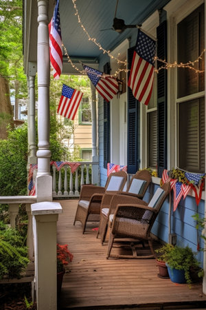 patriotic bunting draped on a porch or railing, created with generative aiの素材