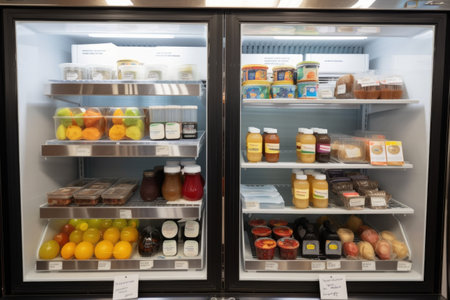 refrigerator, with various food items on display, and label for each item, created with generative aiの素材
