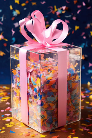 confetti-filled transparent gift box for a festive surprise, created with generative aiの素材