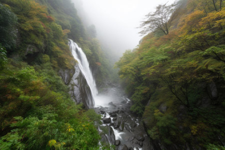 high-altitude cascading waterfall, with mist floating in the air and surrounding foliage, created with generative aiの素材