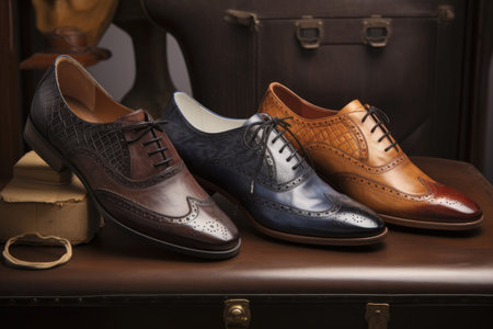 elegant footwear collection, with various styles and textures of leather showcased, created with generative aiの素材