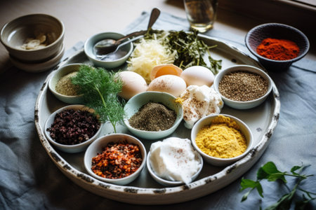 a plate of deconstructed breakfast, with individual ingredients and spices visible, created with generative aiの素材