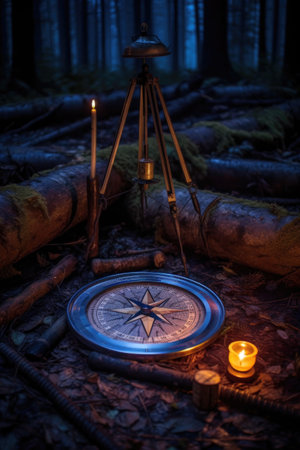 magnetic compass near a campfire at night, created with generative aiの素材