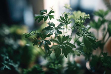 close-up of indoor plant, with delicate leaves and stems in focus, created with generative aiの素材