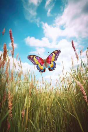 colorful butterfly in flight over a meadow, created with generative aiの素材