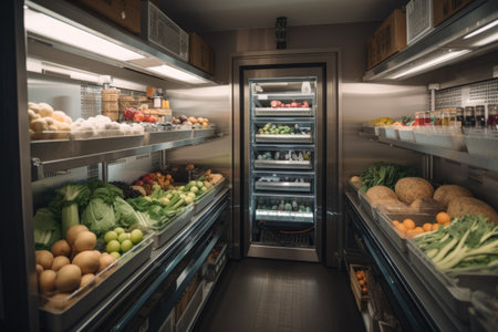 walk-in refrigerator, filled with stacks of fresh produce and other ingredients for cooking, created with generative aiの素材