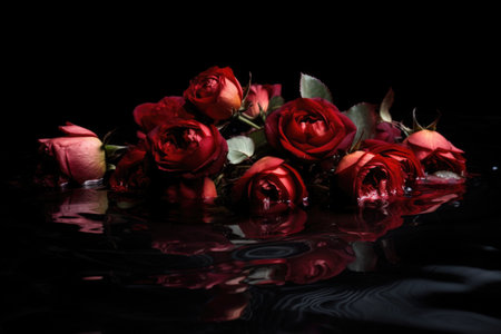 red rose bouquet floating in a pool of water, created with generative aiの素材