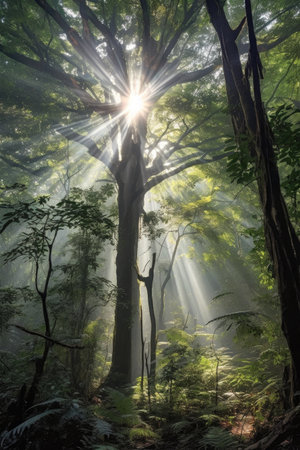 sun rays piercing through dense tree canopy, created with generative aiの素材
