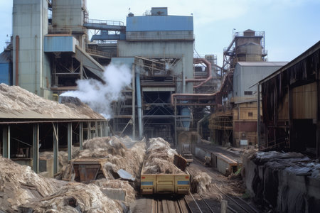 pulp and paper mill, with raw materials being brought in for processing, created with generative aiの素材