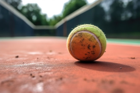 close-up of tennis ball on the court, ready for action, created with generative aiの素材