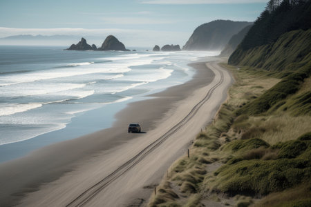 beachside road trip, with endless waves rolling onto shore, created with generative aiの素材