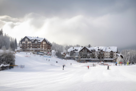 winter sports resort, with skiers and snowboarders enjoying the slopes, created with generative aiの素材