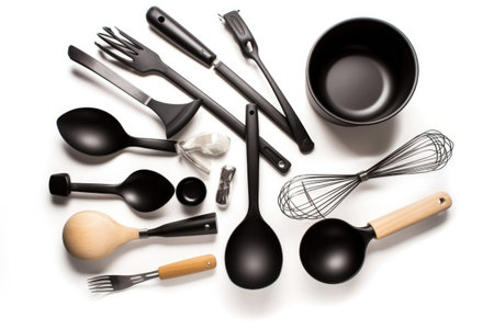 collection of cooking utensils in various shapes and sizes, on a white background, created with generative aiの素材