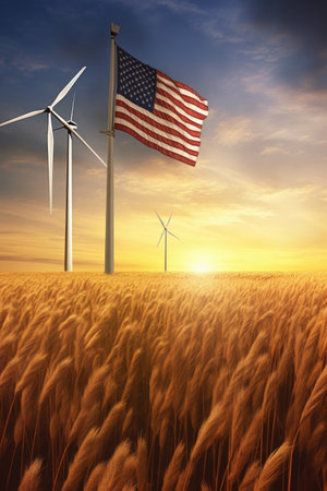 american flag in field with wind turbines, created with generative aiの素材