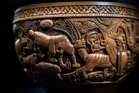 close-up of intricately carved ancient pottery, created with generative aiの素材