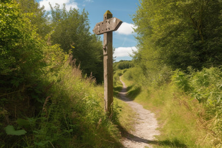 signpost with arrow pointing in different directions, to indicate various trails, created with generative aiの素材