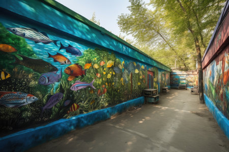 murals of underwater world, with schools of fish and coral reefs, created with generative aiの素材