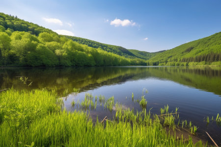 a quiet lake surrounded by rolling hills and forests, created with generative aiの素材