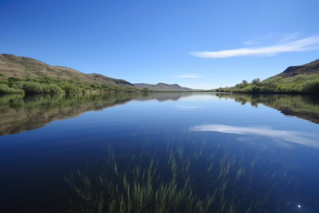 a lake with clear and calm waters, reflecting the blue sky, created with generative aiの素材