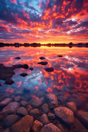 vibrant sunset sky with fluffy clouds, created with generative aiの素材