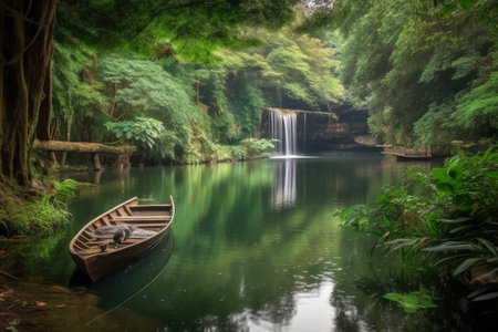 peaceful scene with cascading waterfall and rowing boat in the foreground, created with generative aiの素材