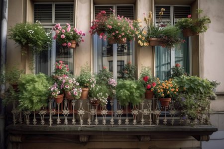 a window garden with blooming flowers and herbs on a balcony in the city, created with generative aiの素材