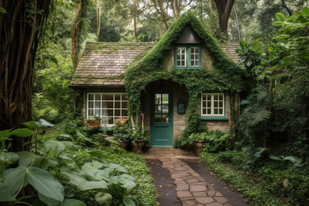 tiny house, surrounded by lush greenery, in serene and peaceful setting, created with generative aiの素材