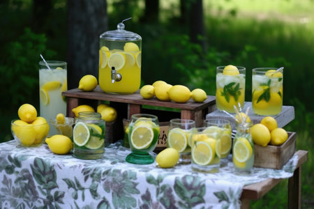 summer lemonade stand with fresh lemons and cut water glasses, created with generative aiの素材