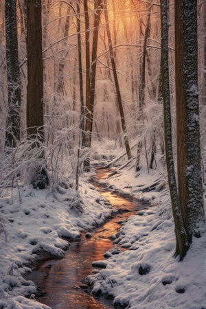 snow-covered forest landscape in winter, created with generative aiの素材