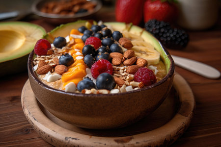 delicately layered breakfast bowl, made with fruit, nuts and seeds, created with generative aiの素材