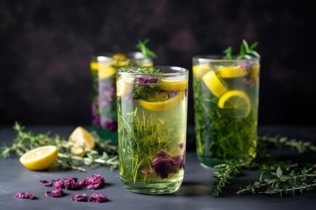 refreshing summer lemonade cocktail with mix of juices, teas and herbs, created with generative aiの素材