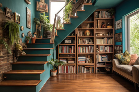 staircase with built-in bookshelves and storage, created with generative aiの素材