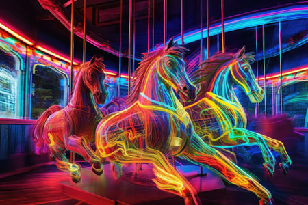 neon-lit carousel horses in motion, created with generative aiの素材