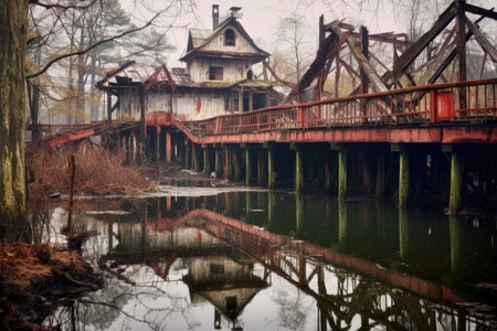 a collapsing wooden bridge in an abandoned theme park, created with generative aiの素材