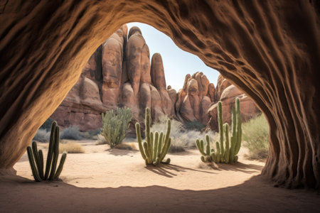 cacti framed by a sandstone arch formation, created with generative aiの素材