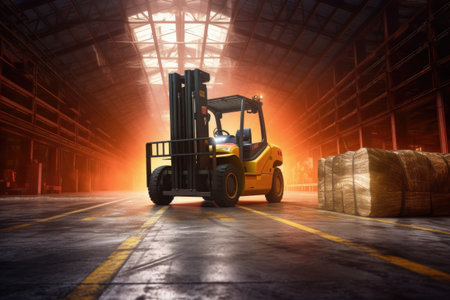 forklift moving heavy cargo in warehouse, created with generative aiの素材