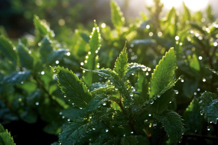 dewdrops on fresh herbs early in the morning, created with generative aiの素材