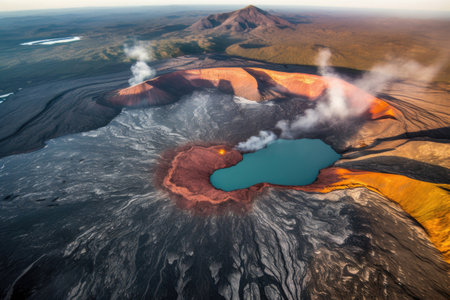 aerial view of the volcanos caldera and lava lake, created with generative aiの素材