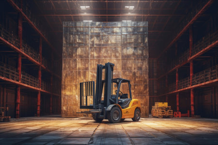 forklift in a warehouse lifting heavy cargo, created with generative aiの素材