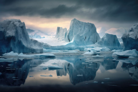 icebergs surrounded by glacier meltwater, created with generative aiの素材