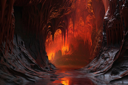 flowing molten lava inside a volcanic tube cave, created with generative aiの素材
