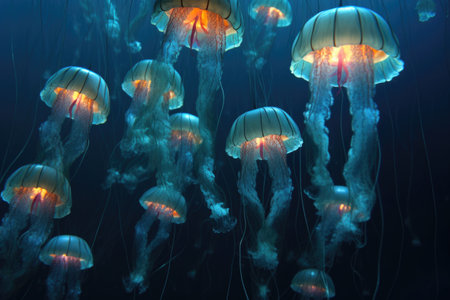 jellyfish swarm glowing in deep ocean waters, created with generative aiの素材