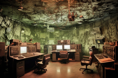 military base control room overtaken by dust and cobwebs, created with generative aiの素材
