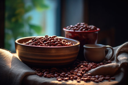 roasted beans in a ceramic bowl with natural light, created with generative aiの素材