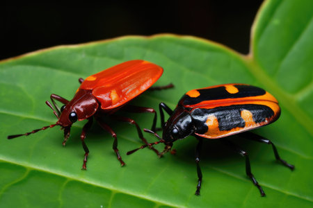 two different colored beetles sharing a single leaf, created with generative aiの素材